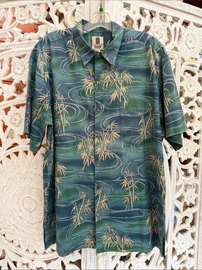 Tori Richard Teal Blue Tan Bamboo Batik Print Cotton Hawaiian Shirt Made in USA